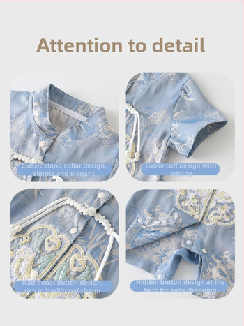 Tipo A kinų stiliaus vasaros romper berniukams, plonas poliesterio audinys, trumpomis rankovėmis, vienos eilės mygtukų užsegimas, amžius 1–3 metai