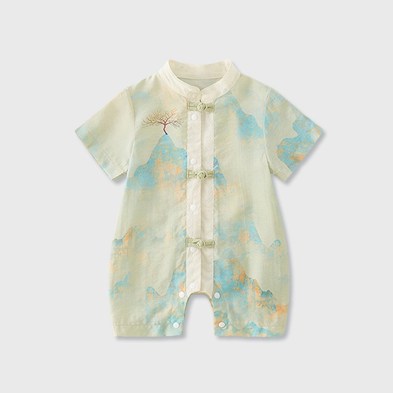 Tipo A kinų stiliaus vasaros romper berniukams, plonas poliesterio audinys, trumpomis rankovėmis, vienos eilės mygtukų užsegimas, amžius 1–3 metai