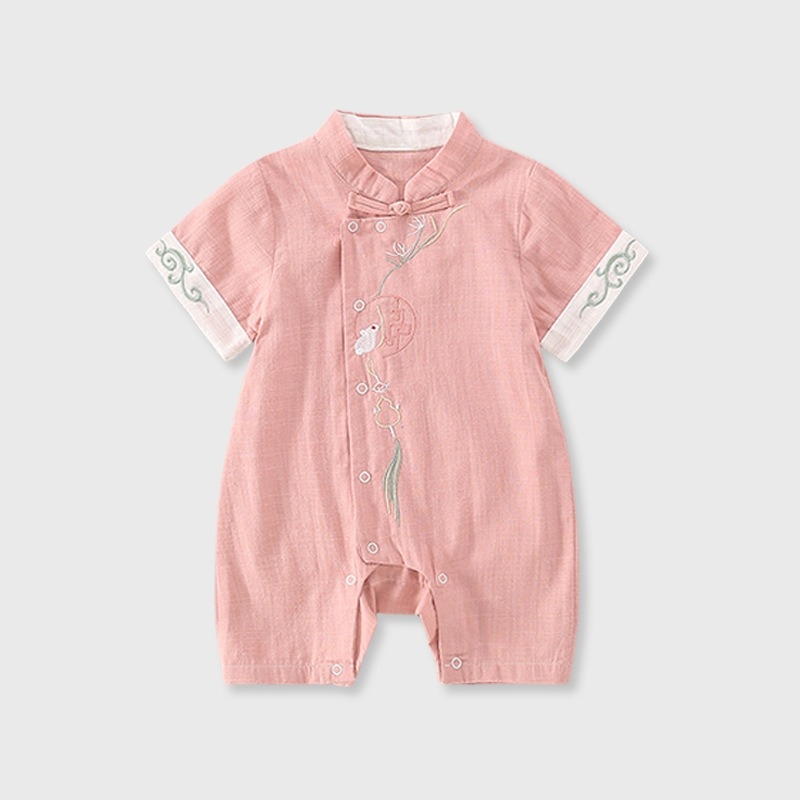 Tipo A kinų stiliaus vasaros romper berniukams, plonas poliesterio audinys, trumpomis rankovėmis, vienos eilės mygtukų užsegimas, amžius 1–3 metai