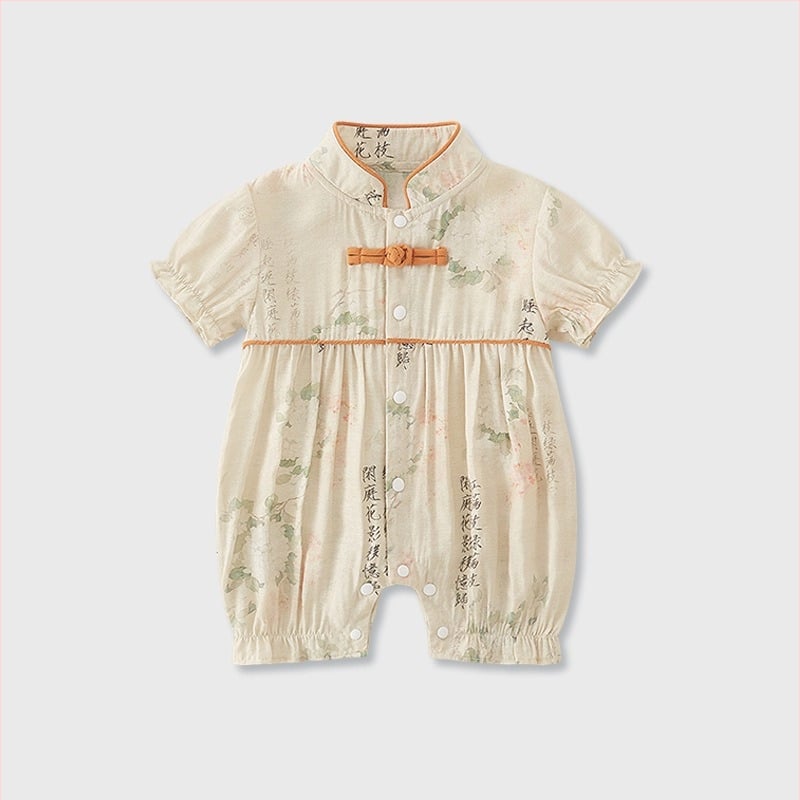Tipo A kinų stiliaus vasaros romper berniukams, plonas poliesterio audinys, trumpomis rankovėmis, vienos eilės mygtukų užsegimas, amžius 1–3 metai