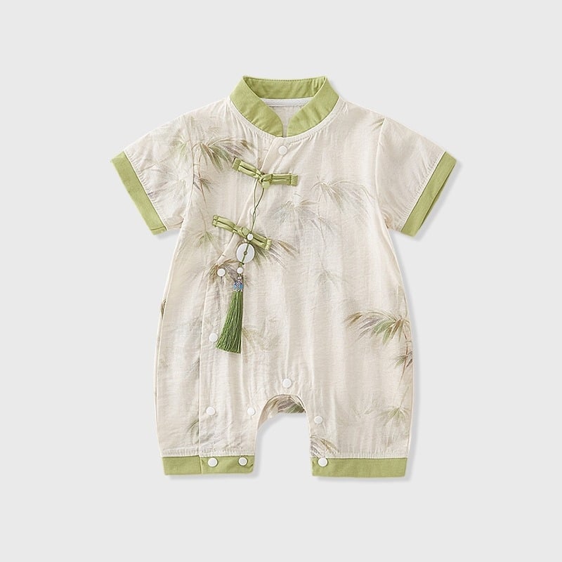 Tipo A kinų stiliaus vasaros romper berniukams, plonas poliesterio audinys, trumpomis rankovėmis, vienos eilės mygtukų užsegimas, amžius 1–3 metai