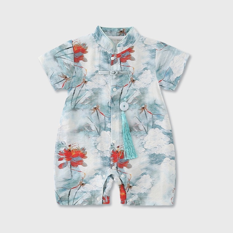 Tipo A kinų stiliaus vasaros romper berniukams, plonas poliesterio audinys, trumpomis rankovėmis, vienos eilės mygtukų užsegimas, amžius 1–3 metai