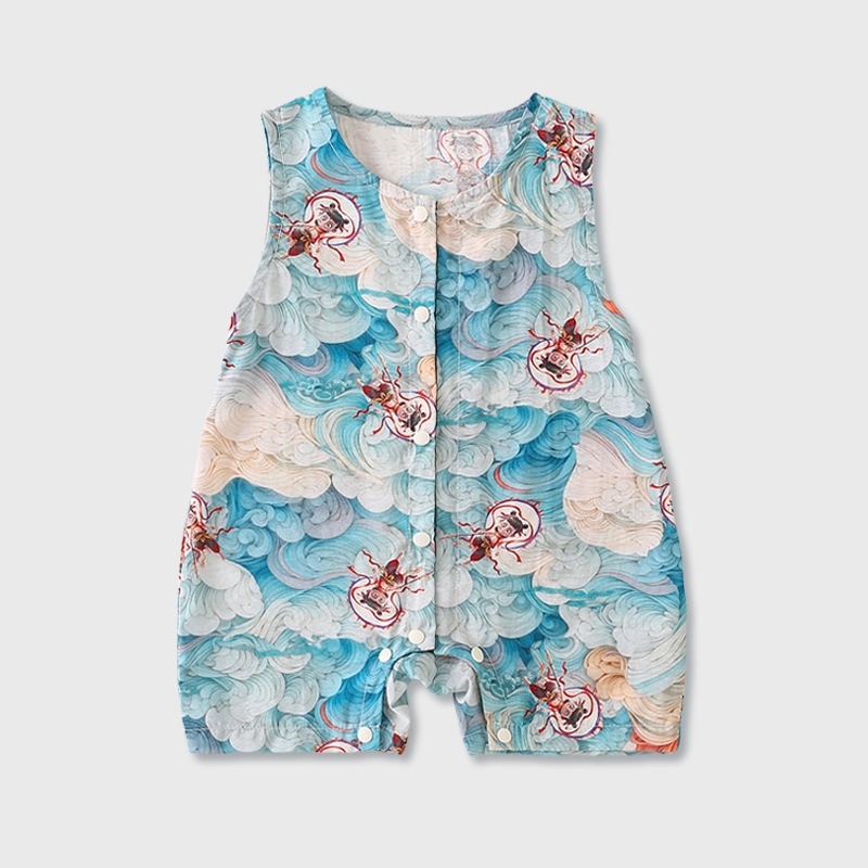 Tipo A kinų stiliaus vasaros romper berniukams, plonas poliesterio audinys, trumpomis rankovėmis, vienos eilės mygtukų užsegimas, amžius 1–3 metai