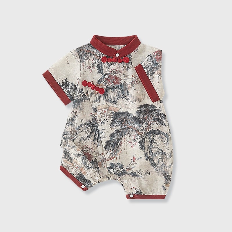 Tipo A kinų stiliaus vasaros romper berniukams, plonas poliesterio audinys, trumpomis rankovėmis, vienos eilės mygtukų užsegimas, amžius 1–3 metai