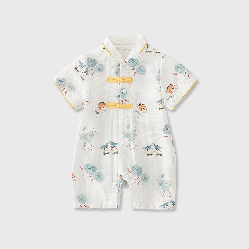 Tipo A kinų stiliaus vasaros romper berniukams, plonas poliesterio audinys, trumpomis rankovėmis, vienos eilės mygtukų užsegimas, amžius 1–3 metai