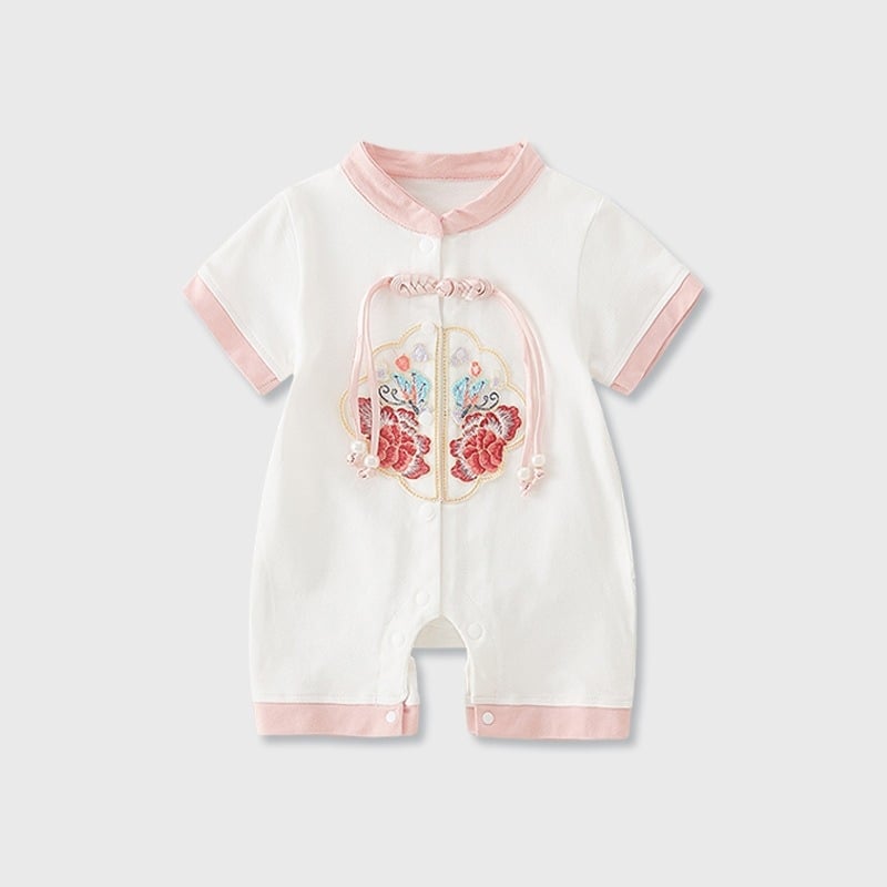 Tipo A kinų stiliaus vasaros romper berniukams, plonas poliesterio audinys, trumpomis rankovėmis, vienos eilės mygtukų užsegimas, amžius 1–3 metai