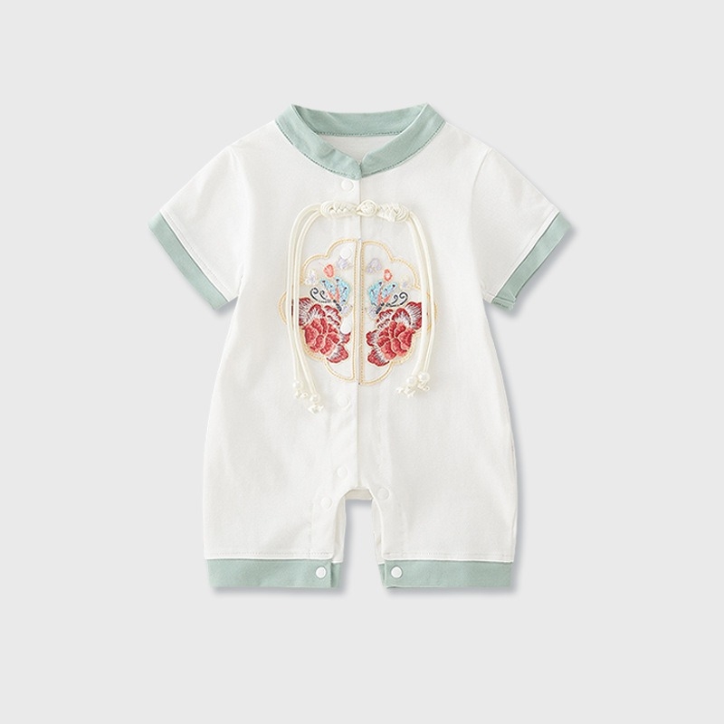 Tipo A kinų stiliaus vasaros romper berniukams, plonas poliesterio audinys, trumpomis rankovėmis, vienos eilės mygtukų užsegimas, amžius 1–3 metai