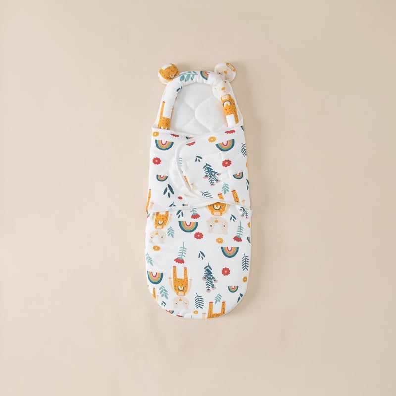 Naujagimio miego maišelis su įvyniojimu, medvilnė, gyvūnų raštas, tinkamas kūdikiams ir mažyliams (1–3 m.), visų metų naudojimui — pavasaris 2025