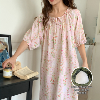 Noćna haljina s jastučićem za prsni dio - pamuk-saten materijal, 100% viskoz, okrugli vrat, ljeto, antički/nacionalni stil