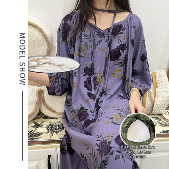 Noćna haljina s jastučićem za prsni dio - pamuk-saten materijal, 100% viskoz, okrugli vrat, ljeto, antički/nacionalni stil