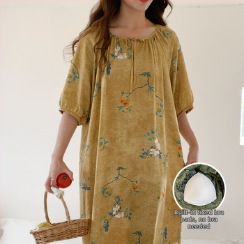 Noćna haljina s jastučićem za prsni dio - pamuk-saten materijal, 100% viskoz, okrugli vrat, ljeto, antički/nacionalni stil