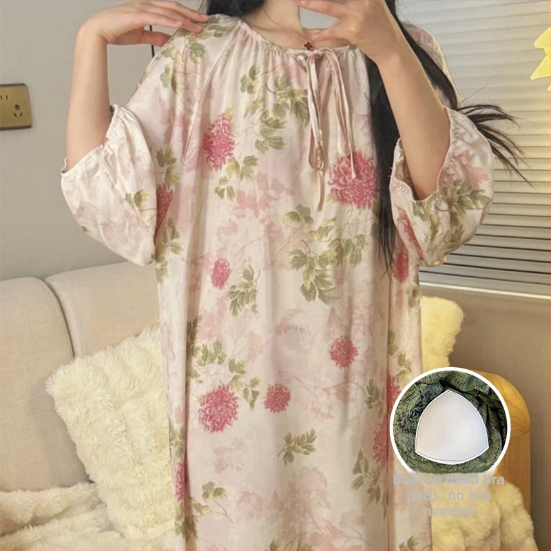 Noćna haljina s jastučićem za prsni dio - pamuk-saten materijal, 100% viskoz, okrugli vrat, ljeto, antički/nacionalni stil