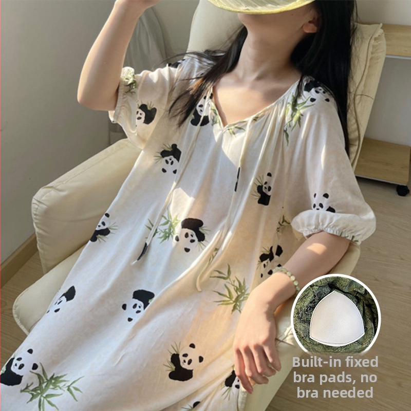 Noćna haljina s jastučićem za prsni dio - pamuk-saten materijal, 100% viskoz, okrugli vrat, ljeto, antički/nacionalni stil