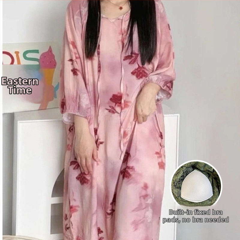 Noćna haljina s jastučićem za prsni dio - pamuk-saten materijal, 100% viskoz, okrugli vrat, ljeto, antički/nacionalni stil