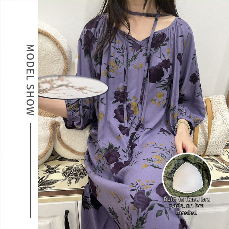 Noćna haljina s jastučićem za prsni dio - pamuk-saten materijal, 100% viskoz, okrugli vrat, ljeto, antički/nacionalni stil