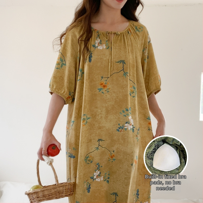 Noćna haljina s jastučićem za prsni dio - pamuk-saten materijal, 100% viskoz, okrugli vrat, ljeto, antički/nacionalni stil