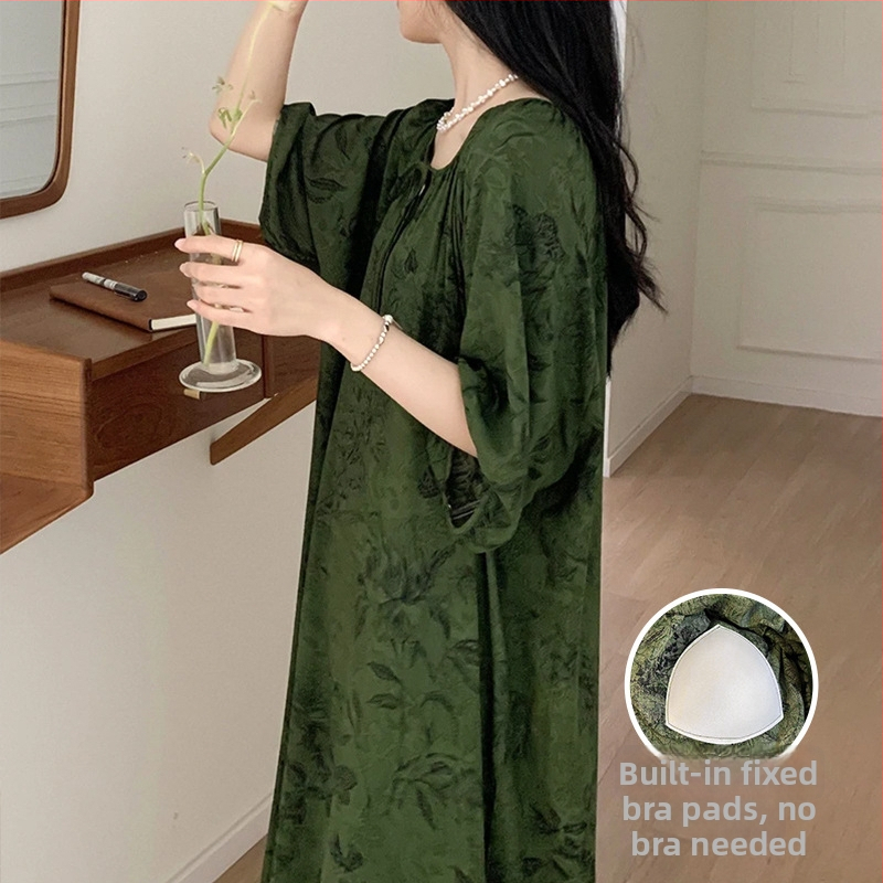 Noćna haljina s jastučićem za prsni dio - pamuk-saten materijal, 100% viskoz, okrugli vrat, ljeto, antički/nacionalni stil