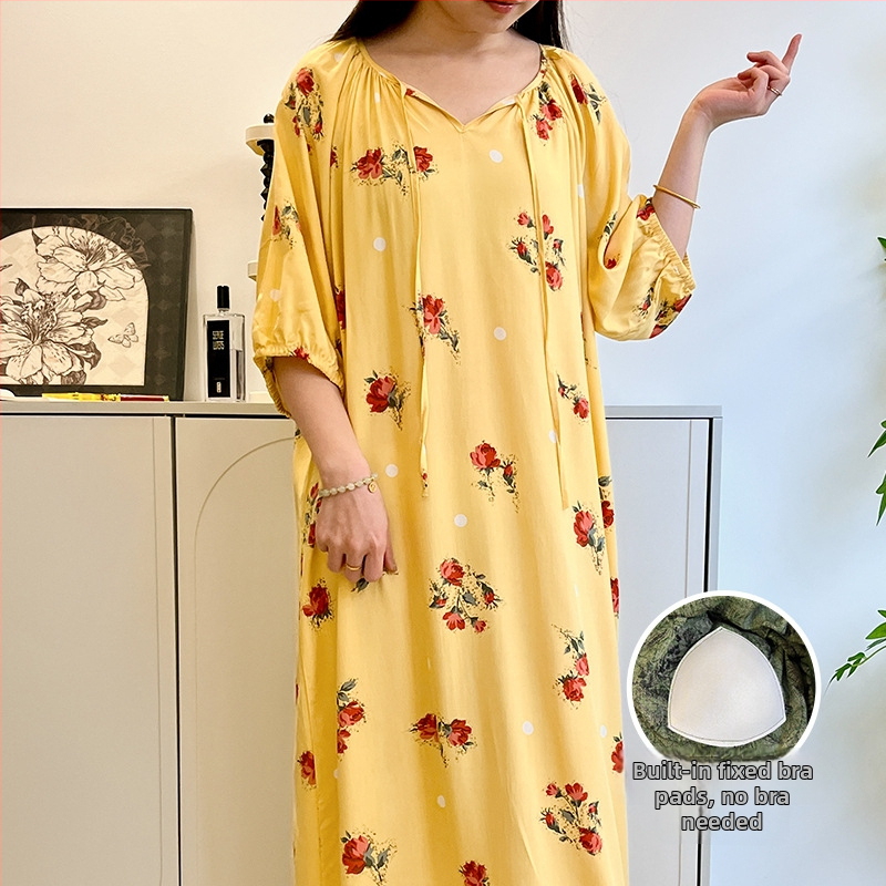 Noćna haljina s jastučićem za prsni dio - pamuk-saten materijal, 100% viskoz, okrugli vrat, ljeto, antički/nacionalni stil