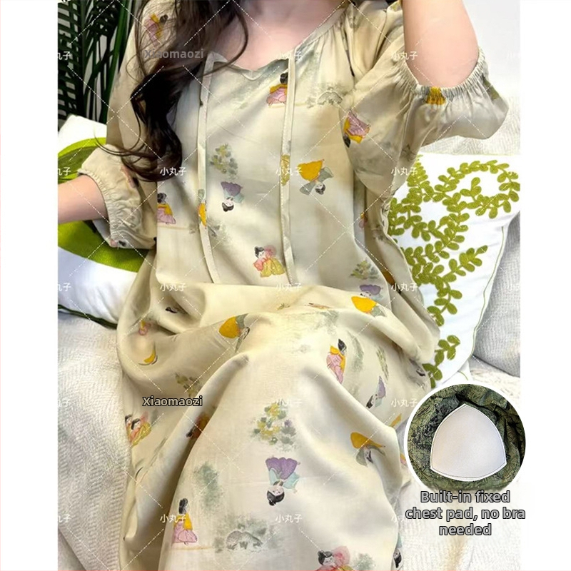 Noćna haljina s jastučićem za prsni dio - pamuk-saten materijal, 100% viskoz, okrugli vrat, ljeto, antički/nacionalni stil