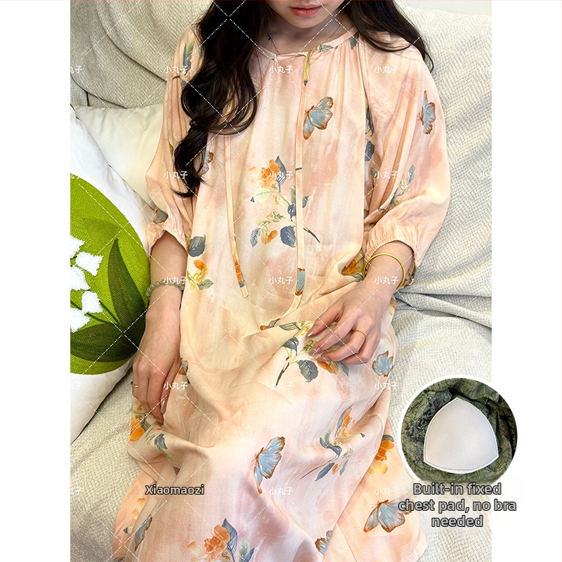 Noćna haljina s jastučićem za prsni dio - pamuk-saten materijal, 100% viskoz, okrugli vrat, ljeto, antički/nacionalni stil