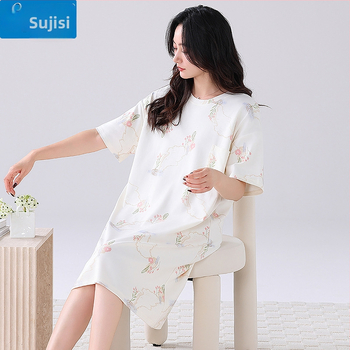 Ženska pamučna noćna haljina – kratki rukavi, okrugli izrez, srednja duljina, prozračno noćno rublje za ljeto