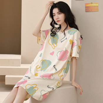 Ženska pamučna noćna haljina – kratki rukavi, okrugli izrez, srednja duljina, prozračno noćno rublje za ljeto