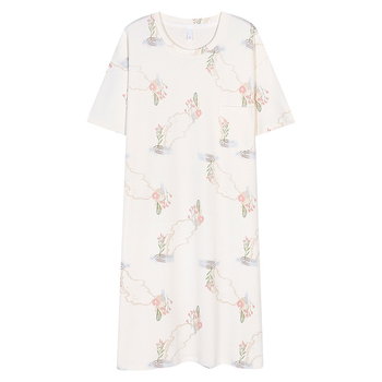 Ženska pamučna noćna haljina – kratki rukavi, okrugli izrez, srednja duljina, prozračno noćno rublje za ljeto