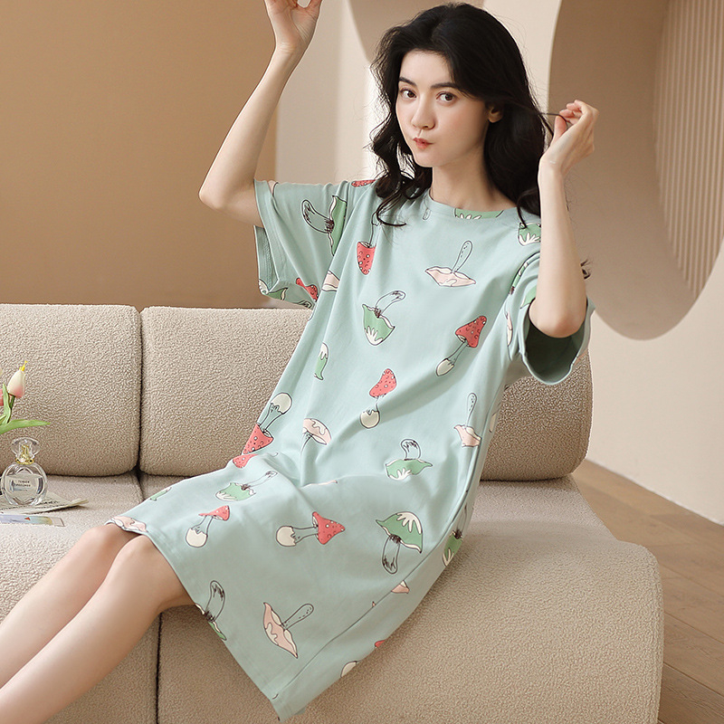 Ženska pamučna noćna haljina – kratki rukavi, okrugli izrez, srednja duljina, prozračno noćno rublje za ljeto