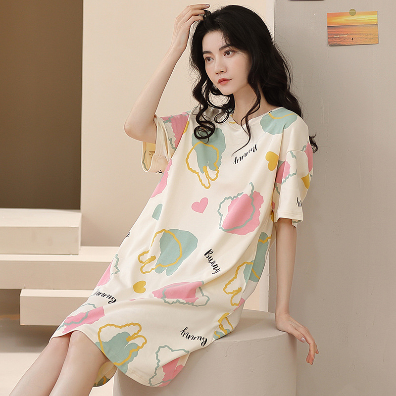 Ženska pamučna noćna haljina – kratki rukavi, okrugli izrez, srednja duljina, prozračno noćno rublje za ljeto