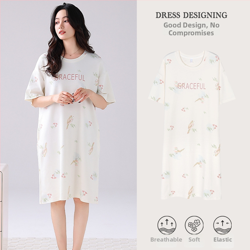 Ženska pamučna noćna haljina – kratki rukavi, okrugli izrez, srednja duljina, prozračno noćno rublje za ljeto