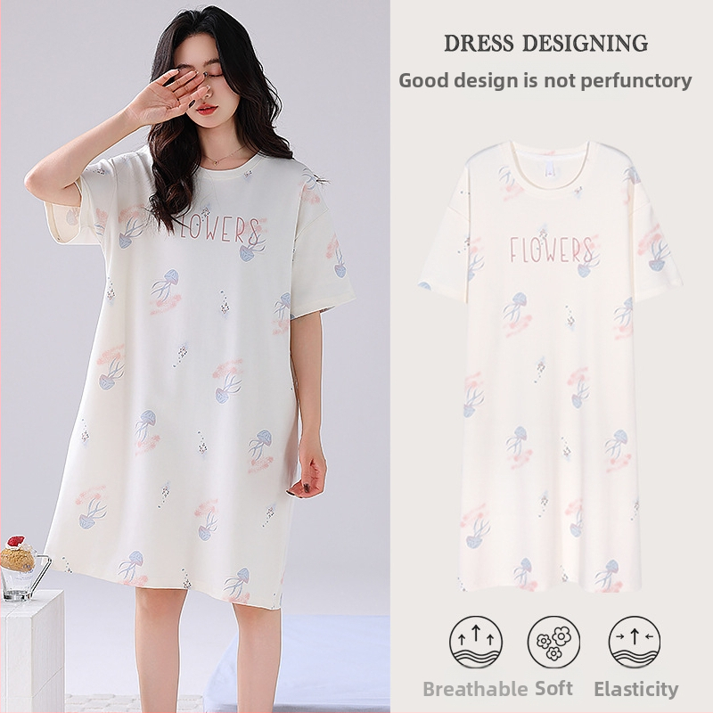Ženska pamučna noćna haljina – kratki rukavi, okrugli izrez, srednja duljina, prozračno noćno rublje za ljeto