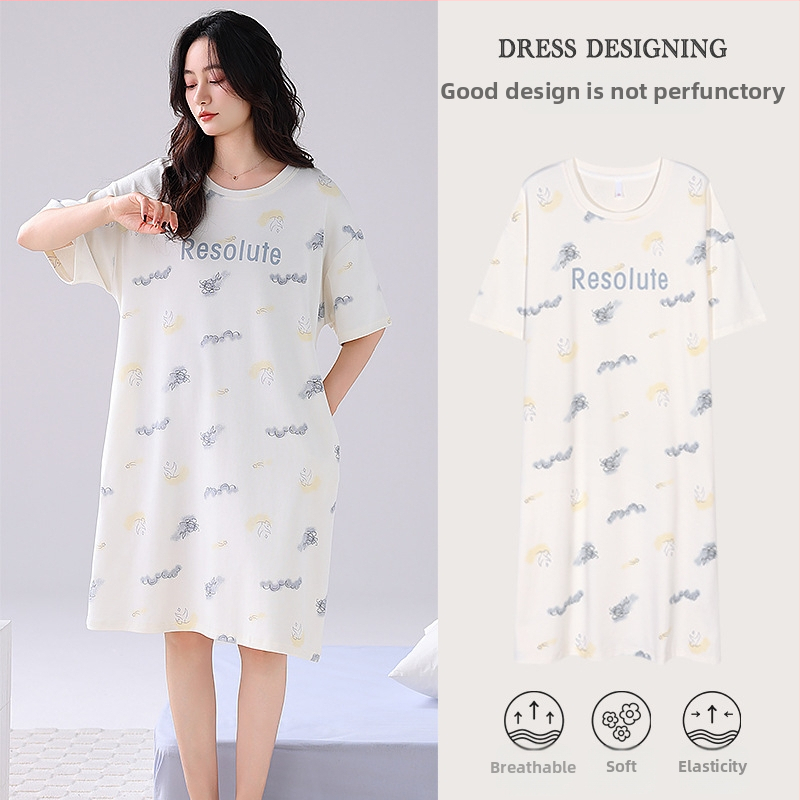 Ženska pamučna noćna haljina – kratki rukavi, okrugli izrez, srednja duljina, prozračno noćno rublje za ljeto