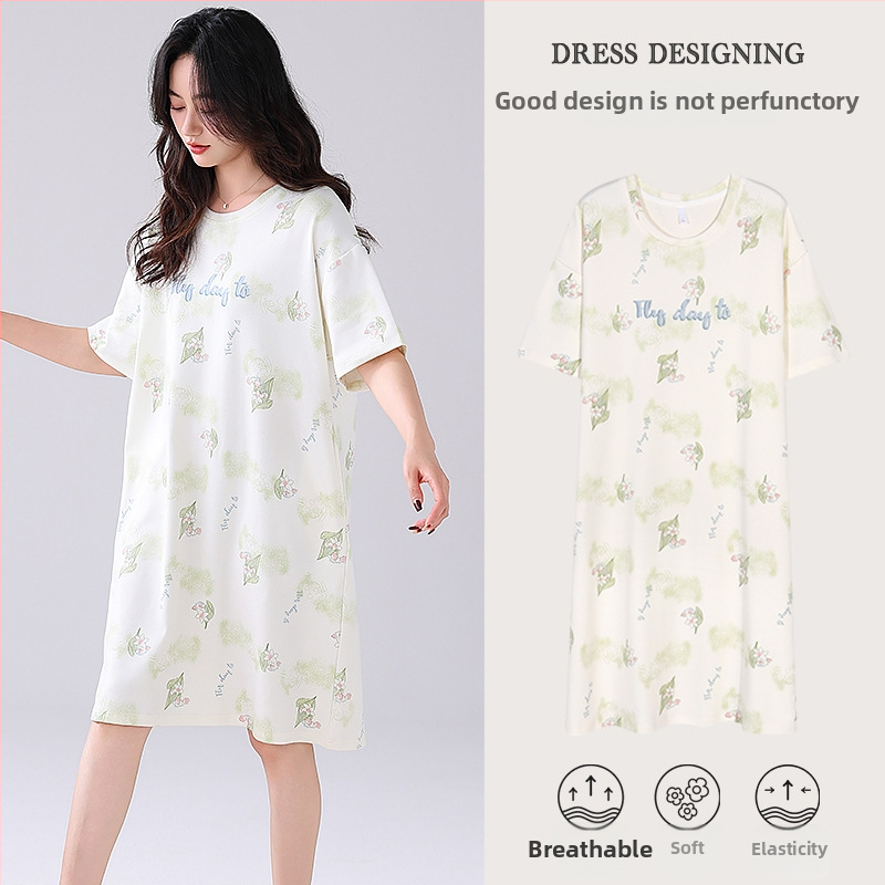 Ženska pamučna noćna haljina – kratki rukavi, okrugli izrez, srednja duljina, prozračno noćno rublje za ljeto