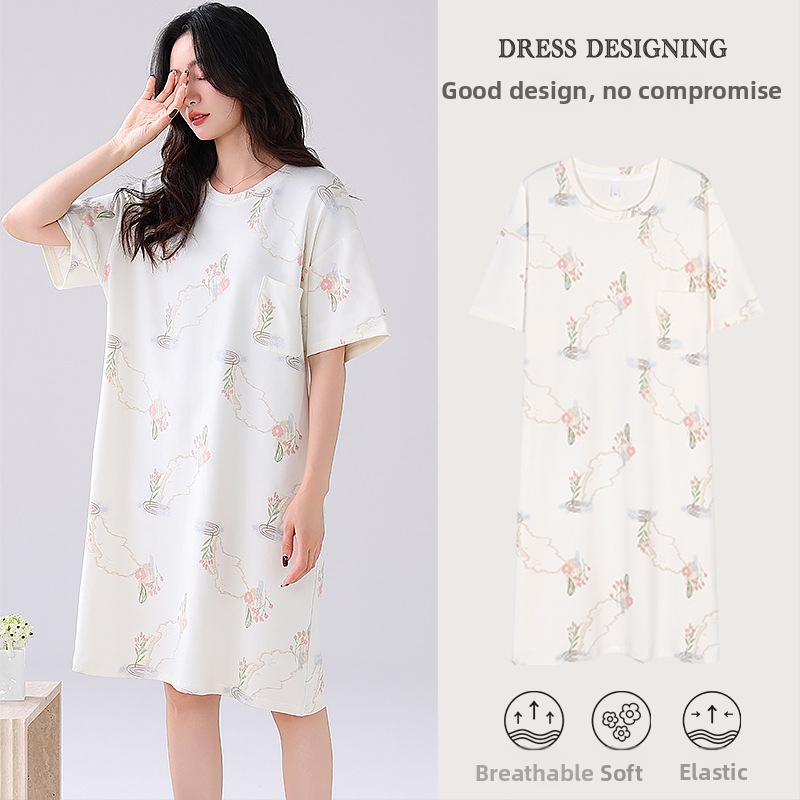 Ženska pamučna noćna haljina – kratki rukavi, okrugli izrez, srednja duljina, prozračno noćno rublje za ljeto