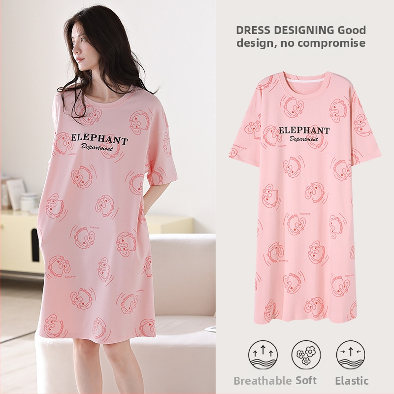 Ženska pamučna noćna haljina – kratki rukavi, okrugli izrez, srednja duljina, prozračno noćno rublje za ljeto