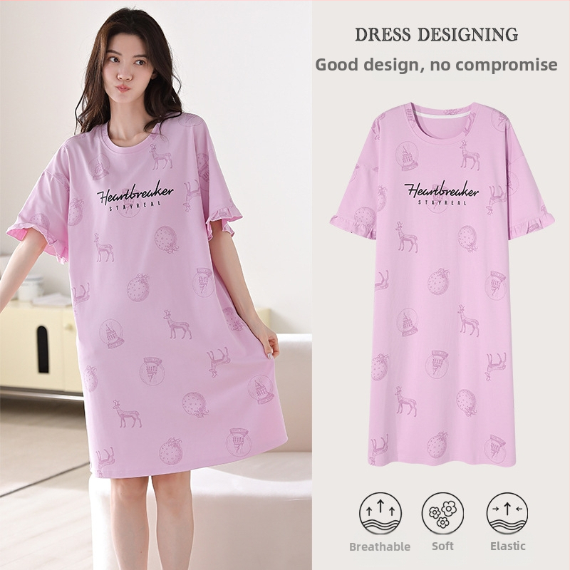 Ženska pamučna noćna haljina – kratki rukavi, okrugli izrez, srednja duljina, prozračno noćno rublje za ljeto