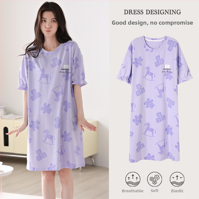 Ženska pamučna noćna haljina – kratki rukavi, okrugli izrez, srednja duljina, prozračno noćno rublje za ljeto