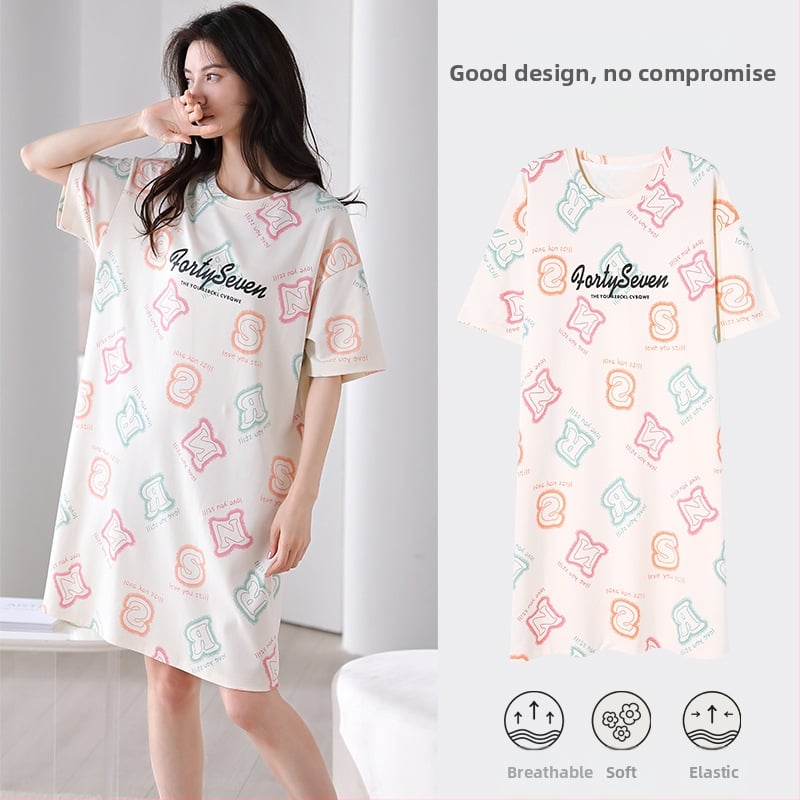 Ženska pamučna noćna haljina – kratki rukavi, okrugli izrez, srednja duljina, prozračno noćno rublje za ljeto