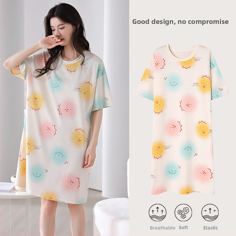 Ženska pamučna noćna haljina – kratki rukavi, okrugli izrez, srednja duljina, prozračno noćno rublje za ljeto