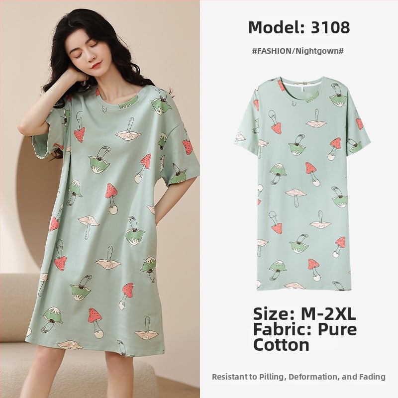 Ženska pamučna noćna haljina – kratki rukavi, okrugli izrez, srednja duljina, prozračno noćno rublje za ljeto