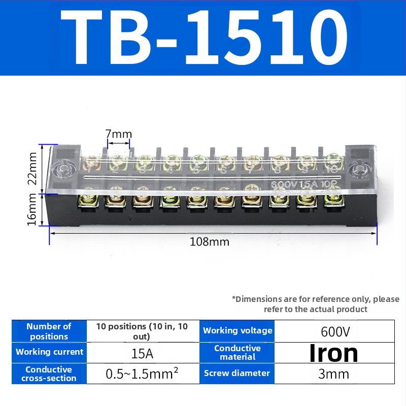 TB seeria terminaliblokk, kaabliühendaja, 15/25/45A, 3/4/6/10/12 positsiooni, fikseeritud jaotusblokk