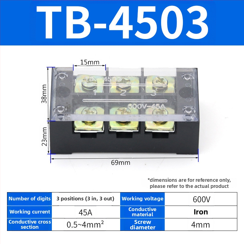 TB seeria terminaliblokk, kaabliühendaja, 15/25/45A, 3/4/6/10/12 positsiooni, fikseeritud jaotusblokk