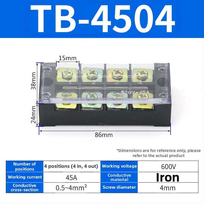 TB seeria terminaliblokk, kaabliühendaja, 15/25/45A, 3/4/6/10/12 positsiooni, fikseeritud jaotusblokk