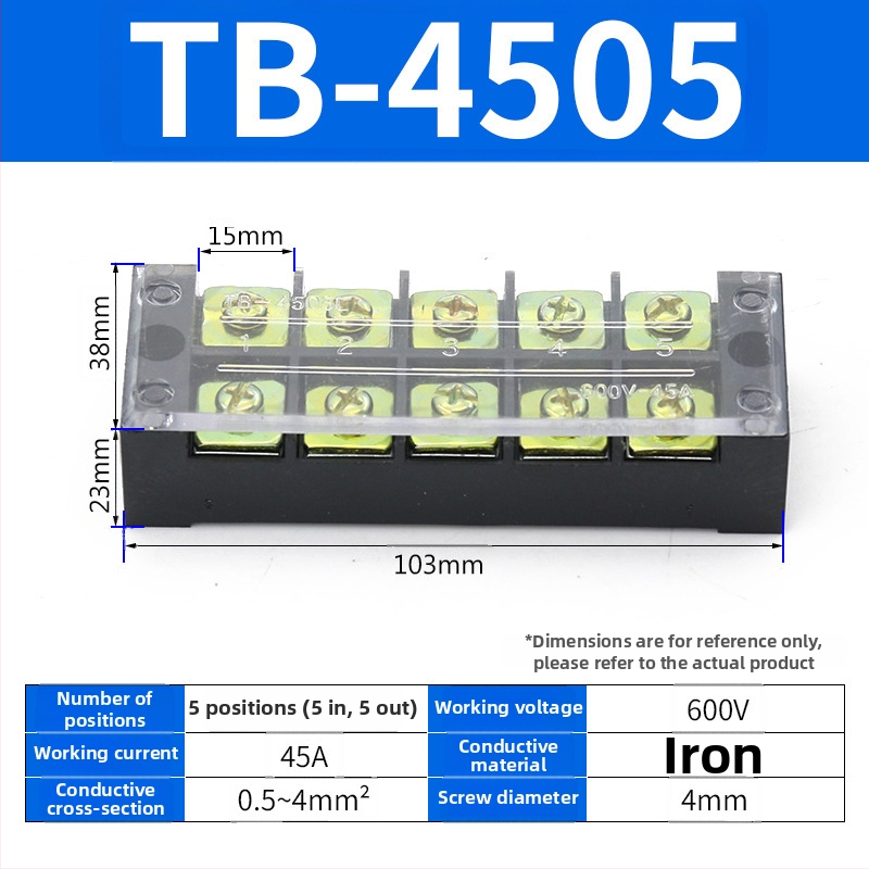 TB seeria terminaliblokk, kaabliühendaja, 15/25/45A, 3/4/6/10/12 positsiooni, fikseeritud jaotusblokk