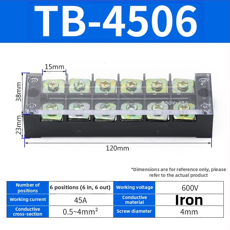 TB seeria terminaliblokk, kaabliühendaja, 15/25/45A, 3/4/6/10/12 positsiooni, fikseeritud jaotusblokk