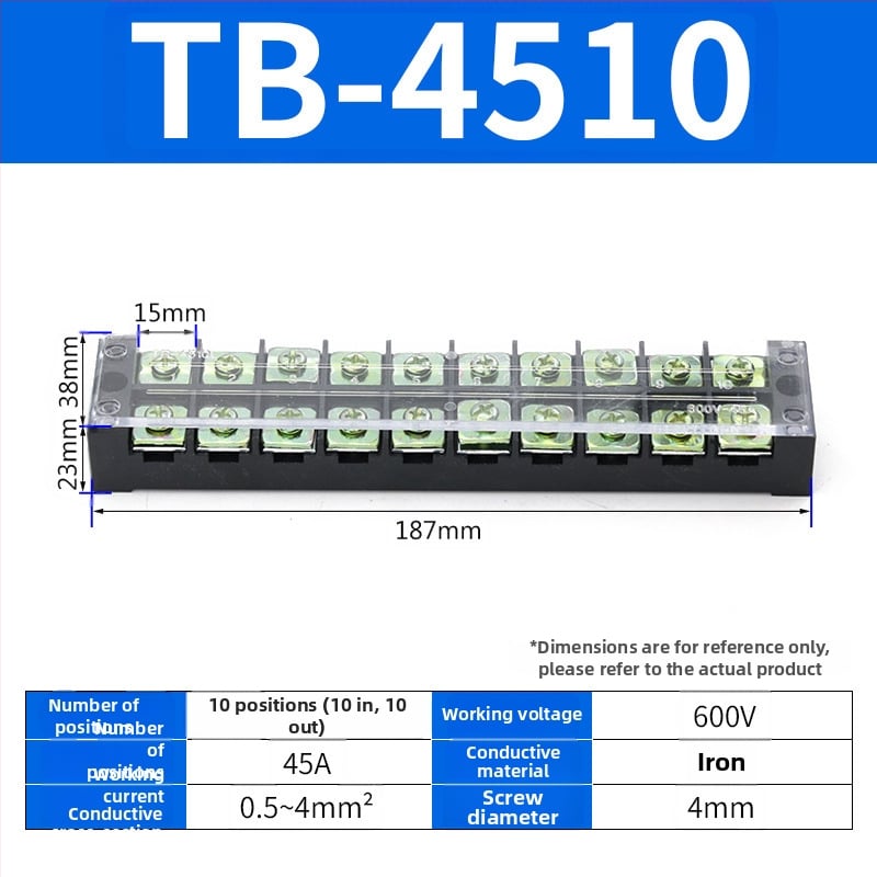 TB seeria terminaliblokk, kaabliühendaja, 15/25/45A, 3/4/6/10/12 positsiooni, fikseeritud jaotusblokk