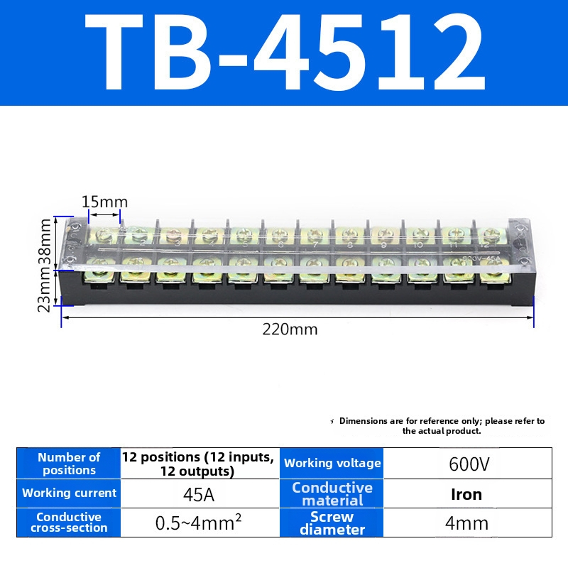TB seeria terminaliblokk, kaabliühendaja, 15/25/45A, 3/4/6/10/12 positsiooni, fikseeritud jaotusblokk