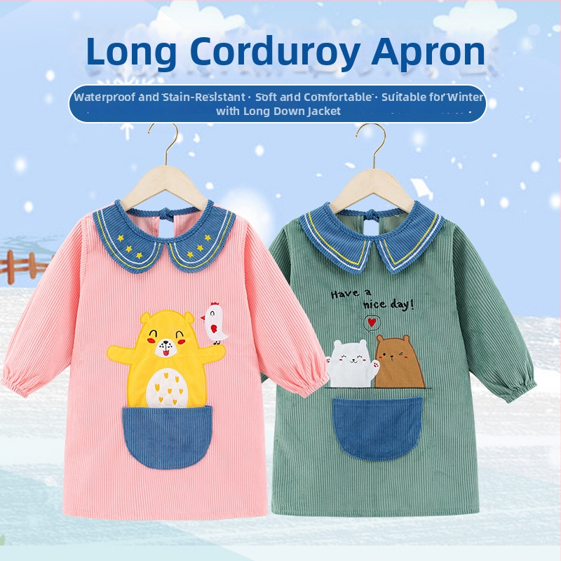 Удължена непромокаема престилка за деца, карикатурен принт, Crystal Corduroy плат, марка Shushan Lang (Непромокаема; Crystal Corduroy плат; Карикатурен принт; За възраст 1–3 години; Неутрален пол)