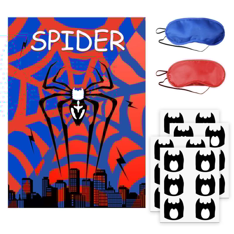 Vaikų vakarėlio plakatų rinkinys su akių užklojimo žaidimu, Monster Truck plakatas ir lipdukai; medžiaga: popierius; modelis: miesto herojus plakatas; stilius: piešinių stilius ir vakarėlis; tema: Little Spider