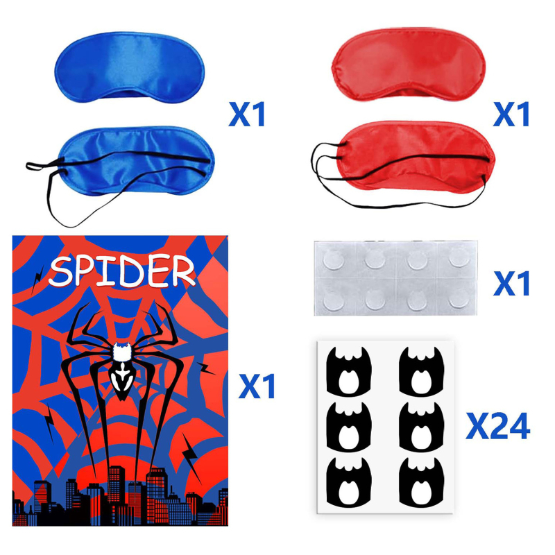 Vaikų vakarėlio plakatų rinkinys su akių užklojimo žaidimu, Monster Truck plakatas ir lipdukai; medžiaga: popierius; modelis: miesto herojus plakatas; stilius: piešinių stilius ir vakarėlis; tema: Little Spider